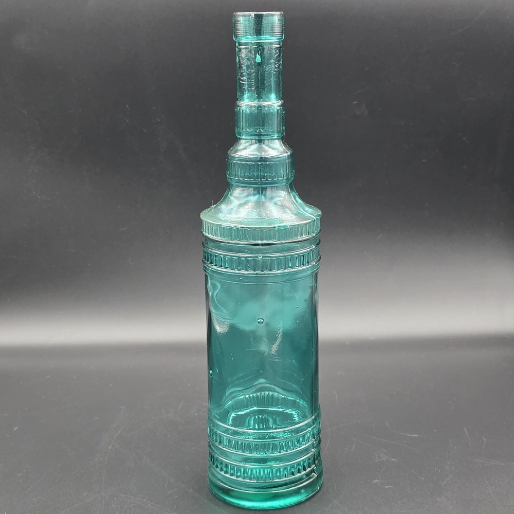 Decorative Bottle Teal Glass Ribbed‎ Tiered Neck Seafoam Green Vintage Style 12"